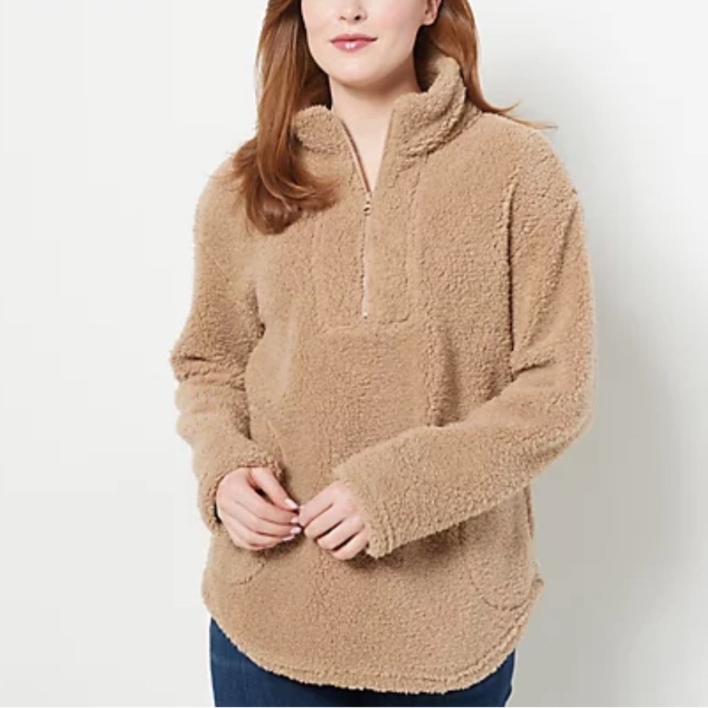 Koolaburra by Ugg Brushed Back Sherpa pullover tan size large kangaroo pocket